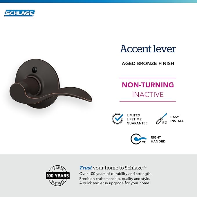 Schlage F170 ACC 716 RH Right Handed Accent Door Lever, One Sided Non-Turning Dummy Door Handle, Aged Bronze