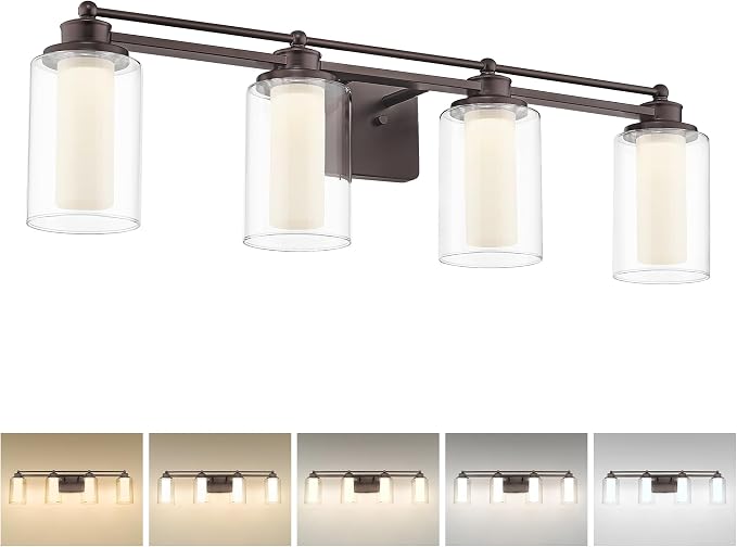 HWH Bathroom Light Fixtures 4 Lights, Clear Glass, 5CCT, 5HLT63B-4W-LED ORB | Dimmable, Oil Rubbed Bronze, 24W, Bathroom Vanity Light Over Mirror, Vanity Lights, Smooth LED Brightness Adjustment