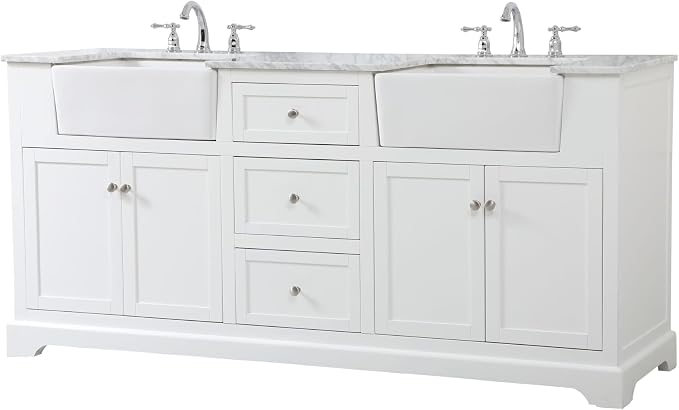 72" Pre-Assembled Bathroom Vanity with Sink, Solid Birch and MDF, Carrara White Marble Countertop Attached, Double Rectangle Porcelain Sink, 3 Soft-Close Drawers, White