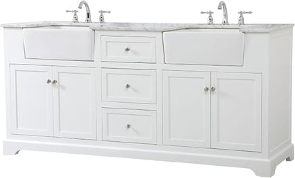 72" Pre-Assembled Bathroom Vanity with Sink, Solid Birch and MDF, Carrara White Marble Countertop Attached, Double Rectangle Porcelain Sink, 3 Soft-Close Drawers, White