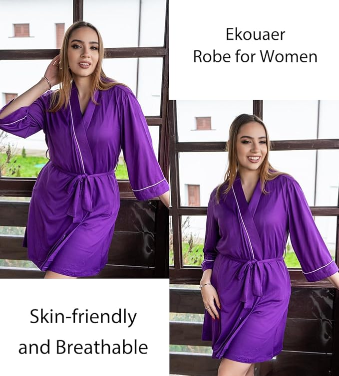 Ekouaer Women Kimono Robes Knee Length Knit Bathrobe Lightweight Soft Sleepwear V-neck Casual Ladies Loungewear
