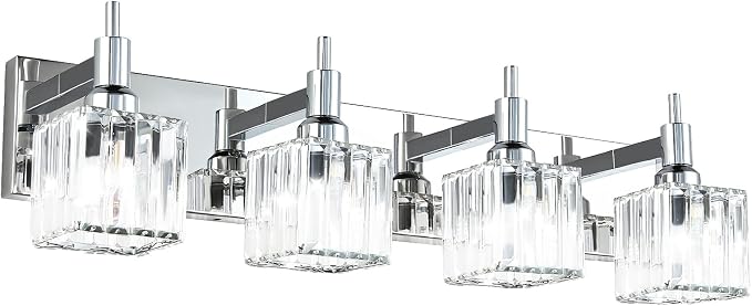 Modern Crystal Bathroom Vanity Light 4-Light Wall Light Fixtures Over Mirror Chrome Vanity Lighting for Bathroom Square Shade Wall Sconce