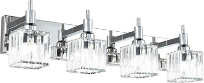 Modern Crystal Bathroom Vanity Light 4-Light Wall Light Fixtures Over Mirror Chrome Vanity Lighting for Bathroom Square Shade Wall Sconce