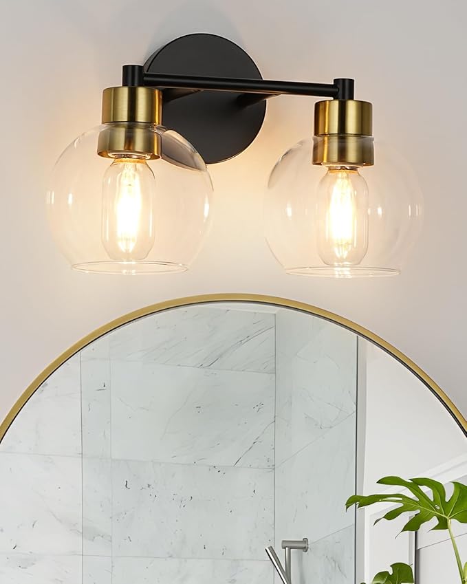 WILON 2-Light Bathroom Vanity Light Fixture Over Mirror, Black and Gold Sconces with Clear Globe Glass Shades, E26 Base Wall Lamp for Living Room Bedroom Stairway