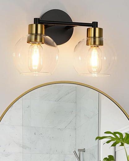 WILON 2-Light Bathroom Vanity Light Fixture Over Mirror, Black and Gold Sconces with Clear Globe Glass Shades, E26 Base Wall Lamp for Living Room Bedroom Stairway