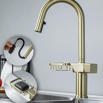 JRUIA Gold Extendable Bathroom Faucet, 360° Swivel Brass Faucet, Kitchen and Sink Mixer Tap, Modern Faucet with Soap Holder,Black