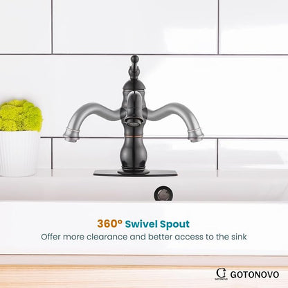 gotonovo Bathroom Faucet 1 Hole Vintage,Oil Rubbed Bronze,7.1” Spout Reach | Bathroom Sink Faucet for 1 or 3 Hole Single Handle,Deck Plate,360° Swivel Spout,Pop Up Drain,cUPC Supply Hoses,for Vanity RV