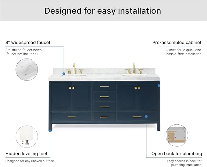 ARIEL Cambridge 72-inch Bathroom Vanity with Sink,Solid Wood, 2-inch Italian Carrara Marble Countertop, Double Rectangular Porcelain Sink, 4 Soft Closing Doors, 6 Dovetail Drawers, Midnight Blue