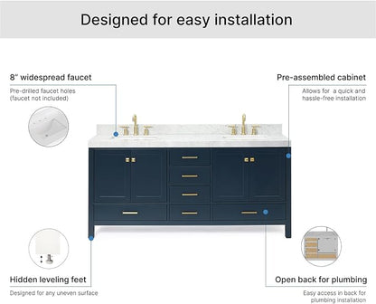 ARIEL Cambridge 72-inch Bathroom Vanity with Sink,Solid Wood, 2-inch Italian Carrara Marble Countertop, Double Rectangular Porcelain Sink, 4 Soft Closing Doors, 6 Dovetail Drawers, Midnight Blue