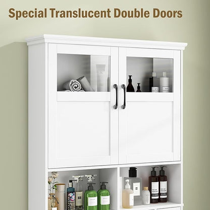 Vabches Freestanding Toilet Storage Cabinet with Double Doors, Shelf Space Saver, Anti-Tip Design & Adjustable Shelf, White
