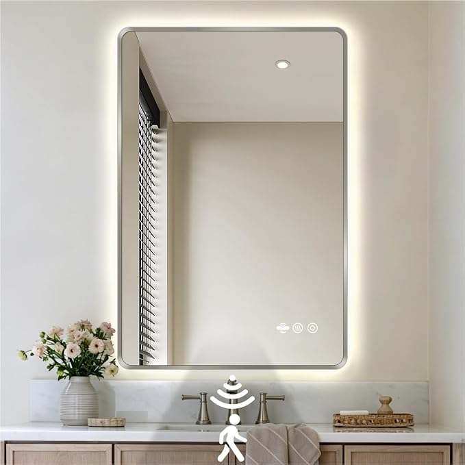 24" x 36" Brushed Nickel LED Bathroom Mirror - Motion Sensor | Smart Backlit Mirror with 3 Colors Stepless Dimmable, Lighted Bathroom Mirror with Lights, Anti-Fog, UL-Listed, CRI≥93