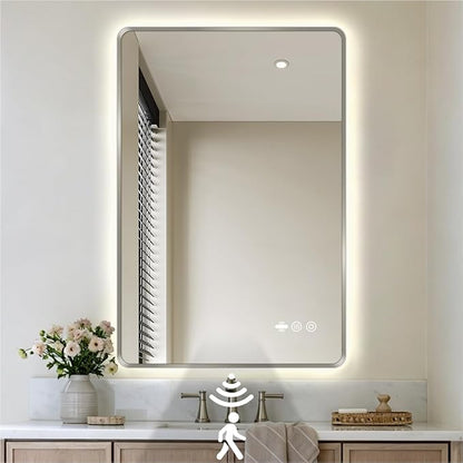 24" x 36" Brushed Nickel LED Bathroom Mirror - Motion Sensor | Smart Backlit Mirror with 3 Colors Stepless Dimmable, Lighted Bathroom Mirror with Lights, Anti-Fog, UL-Listed, CRI≥93