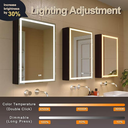 20x28 Inch Aluminum LED Bathroom Mirror Cabinet with Backlit Panel | Light Adjustment, Anti-Fog, Sockets&USBs, High Capacity, Easy to Install