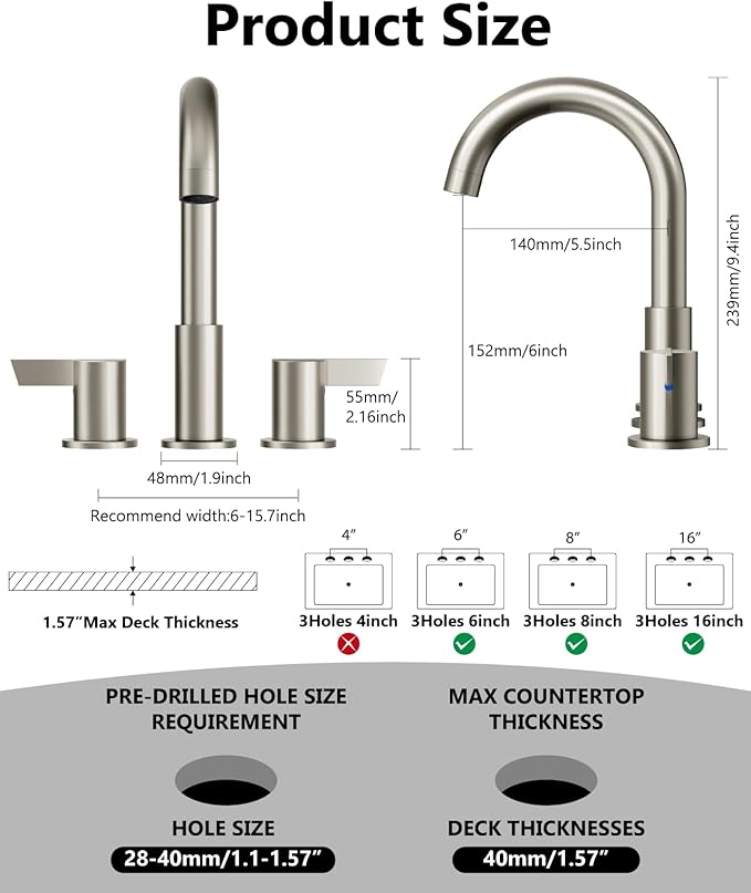 Bathroom Sink Faucet 3 Hole 8 Inch Widespread 2-Handle Vanity Faucet SUS304 Stainless Steel with Pop-Up Drain and Supply Lines Brushed Nickel