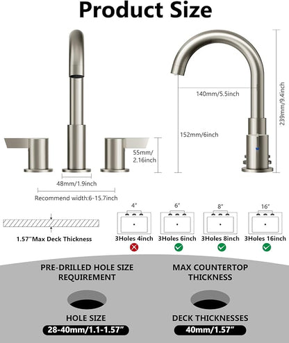 Bathroom Sink Faucet 3 Hole 8 Inch Widespread 2-Handle Vanity Faucet SUS304 Stainless Steel with Pop-Up Drain and Supply Lines Brushed Nickel