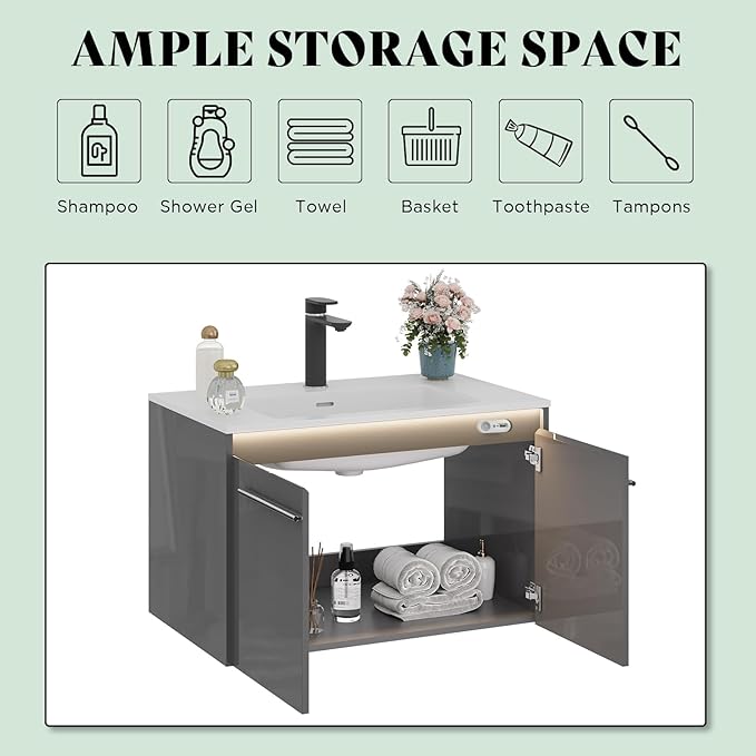 AMERLIFE 31" LED Floating Bathroom Vanity with Single Sink, Modern High Gloss Wall Mounted Bathroom Storage Cabinet with Metal Handles, Gray
