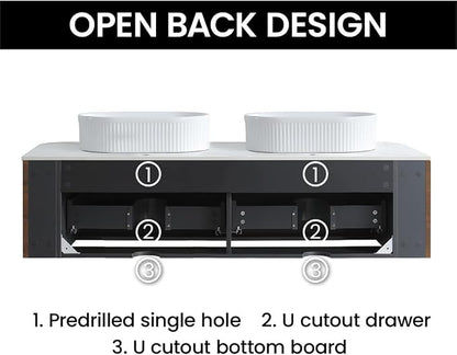 60" Preassembled Double Floating Bathroom Vanity with White Sink, Walnut | Mid-Century Modern Style, Fluted & Soft-Close Drawer with U-shaped Wall, Sinterted Stone Countertop, Towel Rack Included