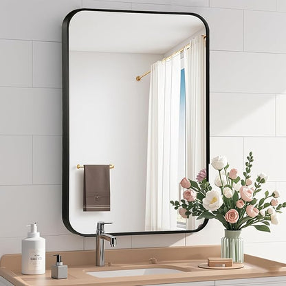 Black Bathroom Mirror, 22x30 Inch Matte Black Mirror, Aluminum Alloy Framed Vanity Mirror, Rounded Rectangle Mirror for Over Sink, Anti-Rust Wall Mirror (Horizontally or Vertically)