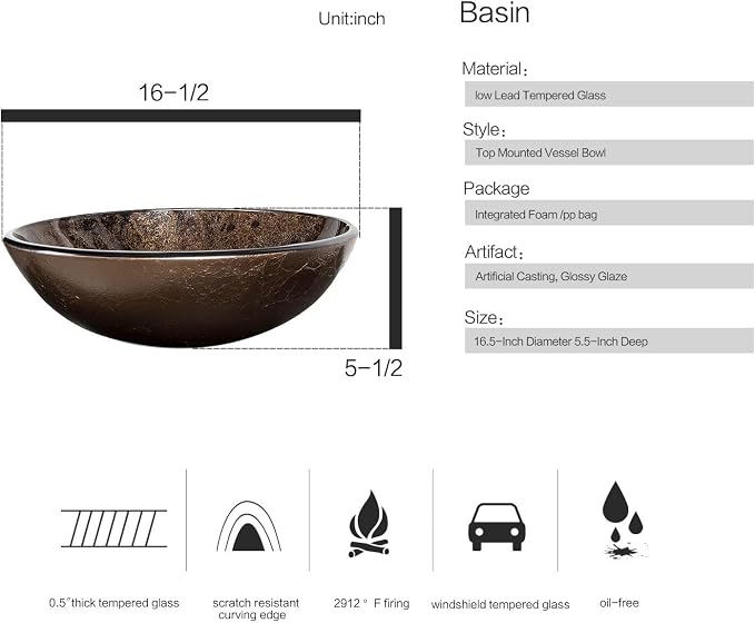 Bathroom Artistic Vessel Sink, Tempered Glass Vanity Round Bowl, Brown | Black Faucet, Pop Up Drain, Above Counter, Easy Clean