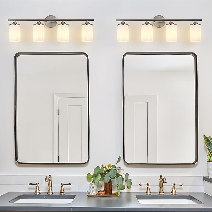 Jonsi Nickel Bathroom Light Fixtures 4-Light Vanity Lights Modern Wall Sconce with Milk White Shade Brushed Nickel Bathroom Light Fixture Over Mirror for Bedroom Hallway Kitchen