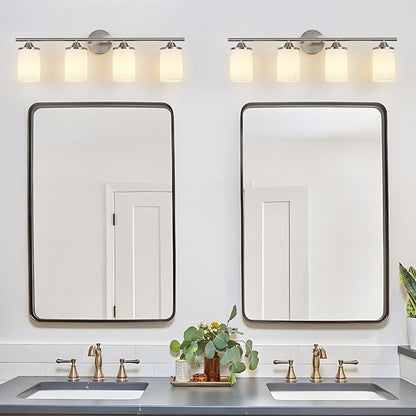 Jonsi Nickel Bathroom Light Fixtures 4-Light Vanity Lights Modern Wall Sconce with Milk White Shade Brushed Nickel Bathroom Light Fixture Over Mirror for Bedroom Hallway Kitchen