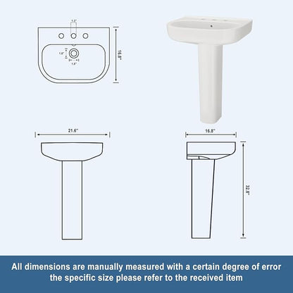 Elegant Square Pedestal Sink with 8-Inch Widespread Faucet Configuration – High-Gloss Ceramic Bathroom Vanity Basin, Sturdy Column Support, Versatile Fit for Bath & Luxury Hotel Style Decor