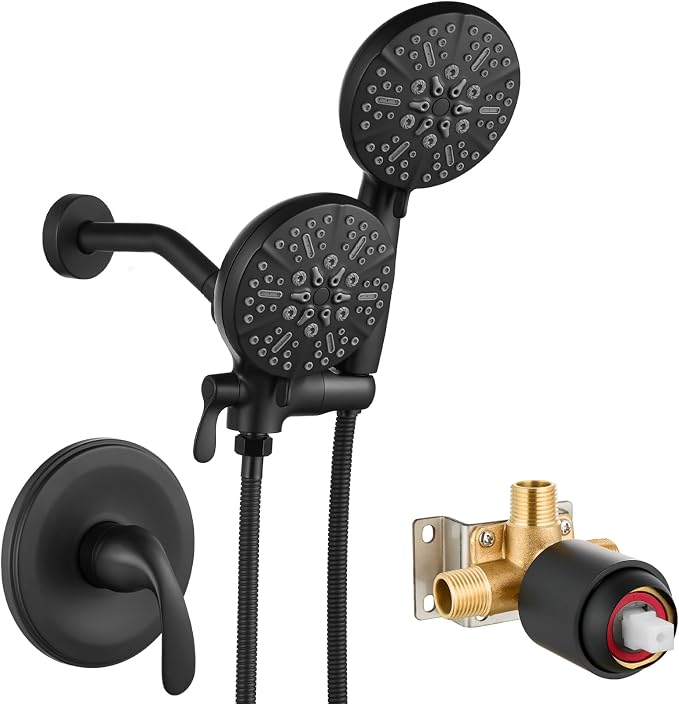 gotonovo Dual Shower Head with Valve 6 Mode Handheld Spray Matte Black | 6 Mode ABS Rain Head with Handheld Spray,2 in 1 Bathroom Trim Kit,Shower Head and Handle Set,Brass Rough-in Valve,Wall Mount