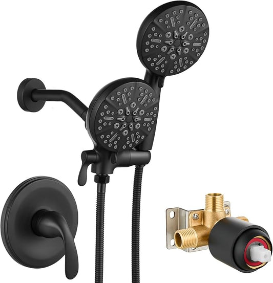 gotonovo Dual Shower Head with Valve 6 Mode Handheld Spray Matte Black | 6 Mode ABS Rain Head with Handheld Spray,2 in 1 Bathroom Trim Kit,Shower Head and Handle Set,Brass Rough-in Valve,Wall Mount