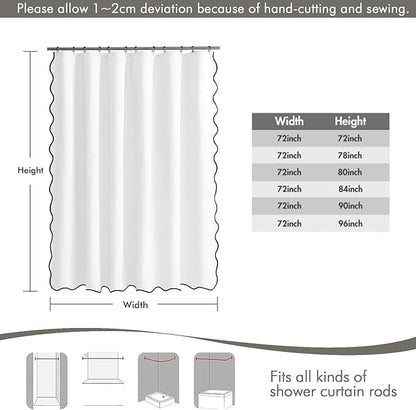 MIULEE White Scalloped Linen Shower Curtain 72x72 Inches | Linen Textured, Waterproof, Washable, 12 Metal Hooks, Heavy Duty Cloth, Black Border, Shower Curtain for Bathroom Bathtub