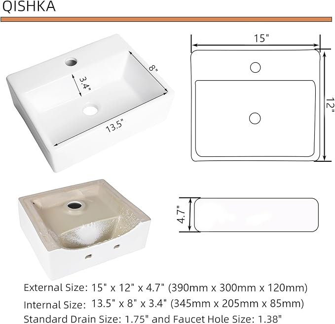 Wall Mounted Bathroom Vessel Sink, QISHKA 15" X 12" Rectangular Floating Ceramic Wash Hand Basin White Wall Hung Vanity Sink for Bathroom and Cloakroom