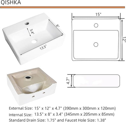 Wall Mounted Bathroom Vessel Sink, QISHKA 15" X 12" Rectangular Floating Ceramic Wash Hand Basin White Wall Hung Vanity Sink for Bathroom and Cloakroom