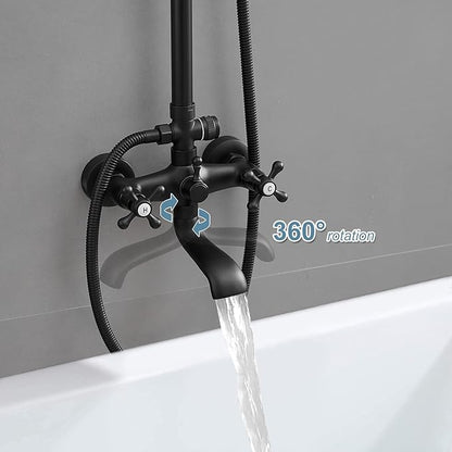 BWE Exposed Bathroom Shower Faucet Set Black Bathroom Shower Faucet Triple Functions 8 Inch Rainfall Shower Head Handheld Spray with Tub Spout Exposed Shower System Double Handle