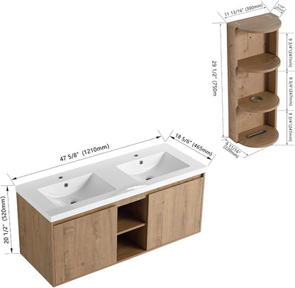 Floating Bathroom Vanity, 48" Bathroom Storage Cabinet with Double Resin Sinks, 2 Soft-Close Doors & 2 Open Storage Shelves, Wall-Mounted Vanity with Extra Three-Layer Spacious Shelves, Oak