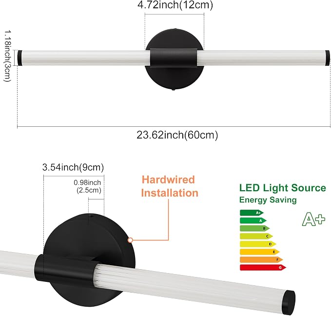 LED Bathroom Vanity Lights Black Modern Wall Sconce 24" | 360° Bright Lighting, Dimmable Vanity Light Bar, Hardwired Wall Lights 4000K Natural White for Mirror