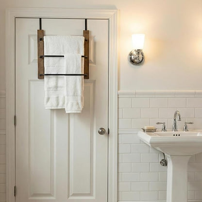 MyGift Over The Door Towel Rack for Bathroom, Rustic Solid Burnt Wood Towel Storage Organizer, 3 Tier Matte Black Metal Towel Bar, Space Saving Bathroom Door Hanging Towel Holder | Compact Bathroom Hanging Solution For Bath Linens Robes Shower Essentia...
