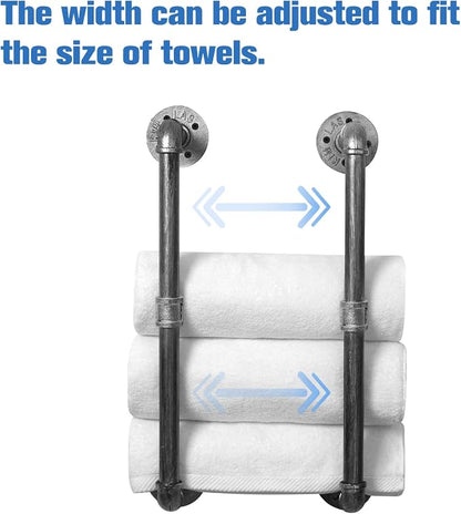 HouseAid Industrial Pipe Towel Rack, Farmhouse Bathroom Towel Storage Holder, Vintage Style Towel Organization, Wall Mounted, Antique Silver