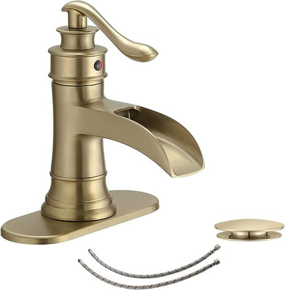 Gold Bathroom Faucet Waterfall Bathroom Sink Faucets Brass with Pop Up Drain Stopper Single-Handle 1 Hole Faucet