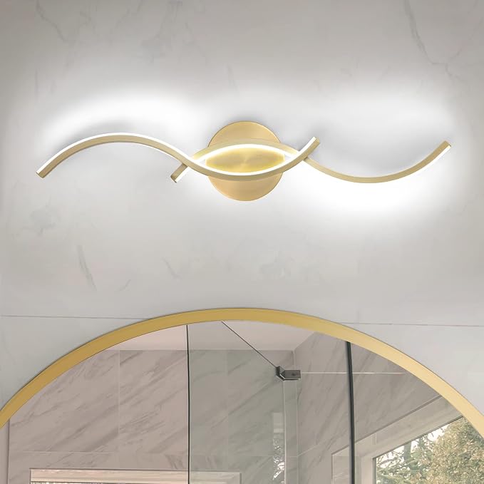 EDISLIVE Modern Wave LED Vanity Light Dimmable Modern Led Vanity Light Fixtures Linear Wall Sconce with Acrylic Strip Shade，24 in LED Vanity Lights for Bathroom Bedroom Makeup Living Room,Gold