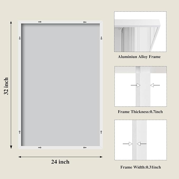 Koonmi White Rectangle Wall Mirror, 24x32 Inch Bathroom Mirror, Aluminum Frame Vanity Mirror for Entryway, Living Room, Bedroom Bathroom, Hangs Horizontally or Vertically