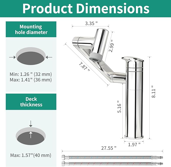 Modern Bathroom Faucet 1 Hole with Temperature Display(Batteries-Free), 1080° Rotatable Single Hole Bathroom Faucet, Single Handle Bathroom Vanity Faucets, 2 Spray Modes (Chrome)