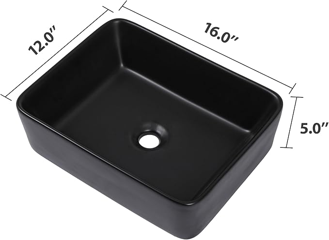 Dcolora Black Vessel Sink Rectangle 16"x12" Matte Black Bathroom Vessel Sink Rectangular Above Counter Ceramic Porcelain Lavatory Vanity Sink Bowl Basin
