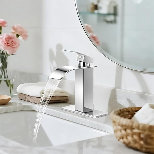 Chrome Bathroom Faucets, Waterfall Bathroom Sink Faucet Single Handle Bathroom Faucet for 1 or 3 Hole, Mixer Tap Vanity Faucet with Deck Plate, Pop-up Drain and Supply Hoses