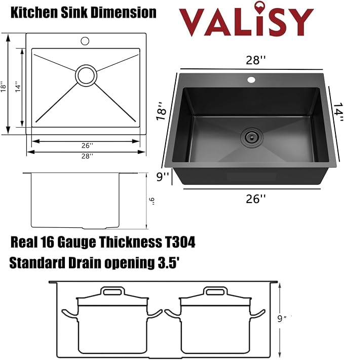 28x18 Inch Black Kitchen Sink, Topmount Drop In Stainless Steel Single Bowl Kitchen Sink, 16 Gauge Extra-Thick Modern Bar Prep RV Laundry Sinks with Mounting Brackets and Basket Strainer