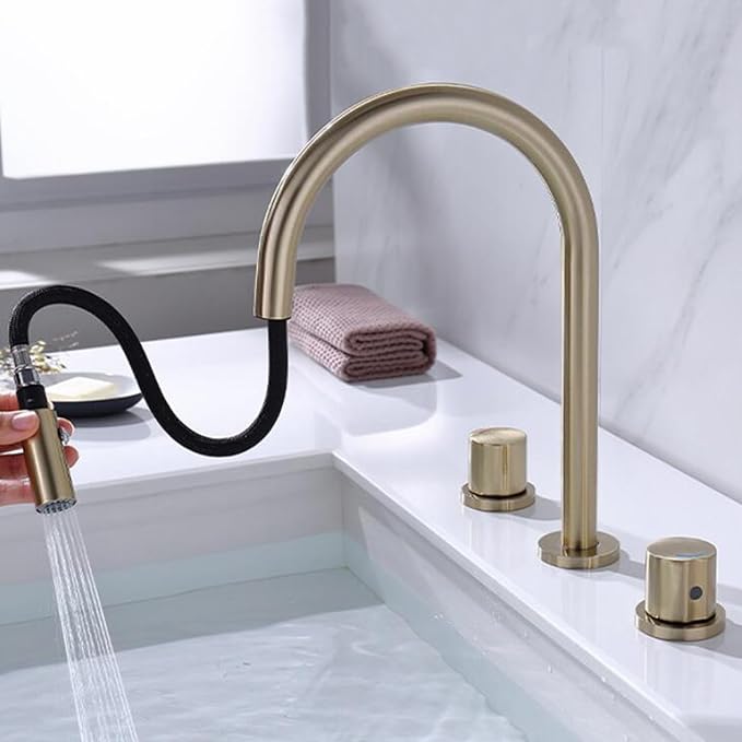 3 Hole Basin Faucets Pull Out Basin Mixer Faucet Dual Mode Bathroom Mixer Faucet Brass-Brushed Gold