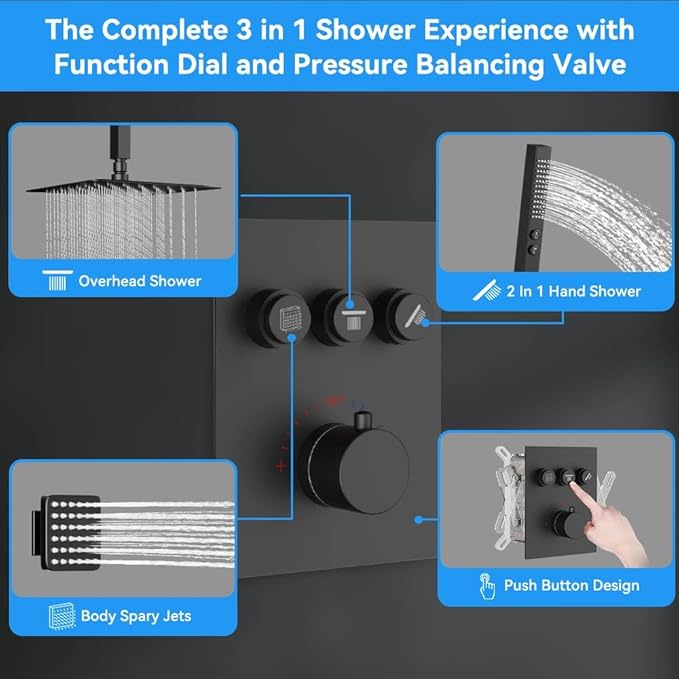 Shower Faucets Sets Matte Black Shower Systems, STARBATH 12" Rain Shower with 2 in 1 Handheld and 4 Body Jets, Can Use All at Once, Ceiling Moun Complete Shower Set with Thermostatic Valve Trim Kit