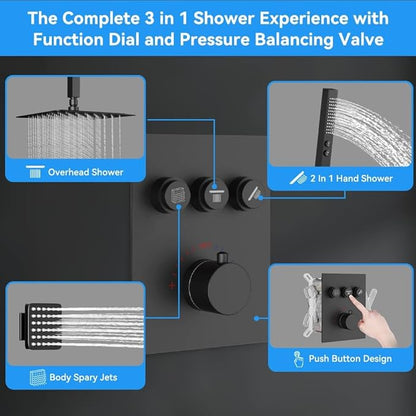 Shower Faucets Sets Matte Black Shower Systems, STARBATH 12" Rain Shower with 2 in 1 Handheld and 4 Body Jets, Can Use All at Once, Ceiling Moun Complete Shower Set with Thermostatic Valve Trim Kit