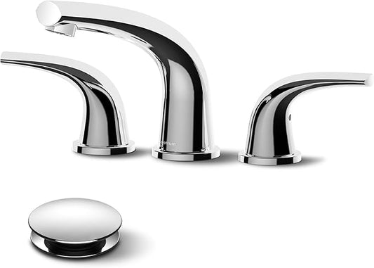 Solid Brass Widespread Bathroom Faucet,8-inch Faucets with Pop Up Drain Assembly and 2 Water Supply Lines Faucets Polished Chrome