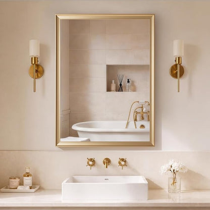 Gold Bathroom Mirror 30x40 Inch, Rectangle Vanity Mirror | Brushed Gold Bathroom Mirror for over sink, Bedroom, Entryway, Living Room, Aluminum Alloy Framed, Curved Wide Edge