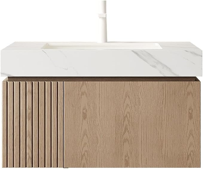 KEIKI 30 Inch Floating Bathroom Vanity with Sink, Light Brown & White | Modern Wall Mounted Storage Cabinet w/ Drawer & Door, Pre-assembled Wood Panels, Sintered Stone Top & Ceramic Basin Combo Set