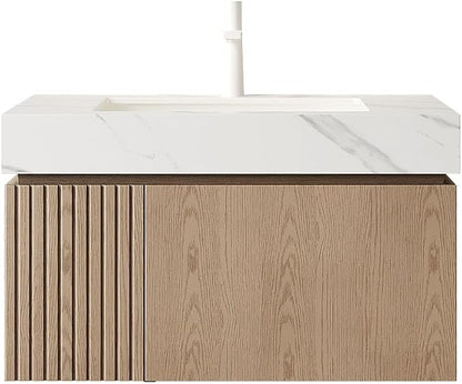 KEIKI 30 Inch Floating Bathroom Vanity with Sink, Light Brown & White | Modern Wall Mounted Storage Cabinet w/ Drawer & Door, Pre-assembled Wood Panels, Sintered Stone Top & Ceramic Basin Combo Set